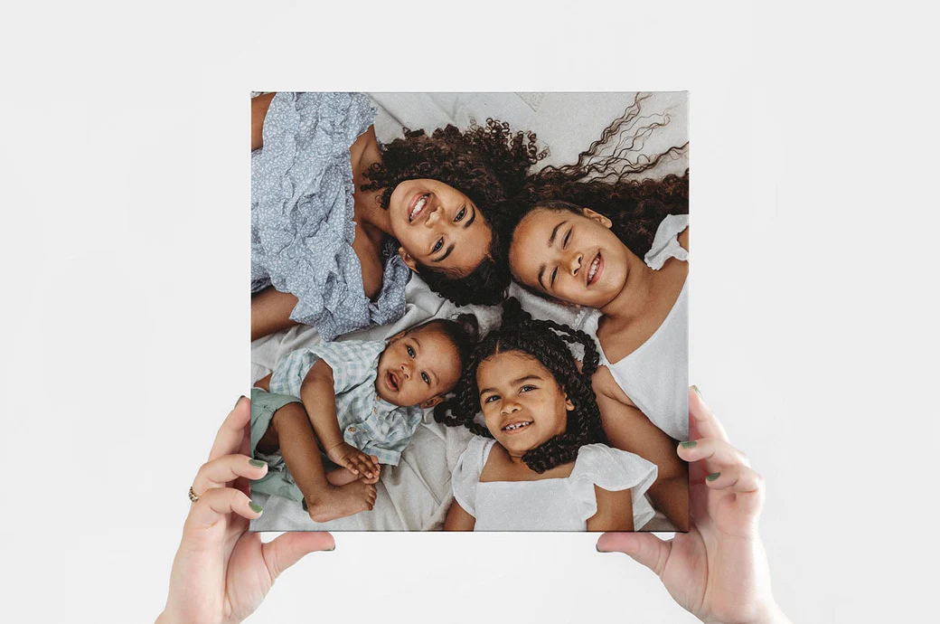 Modern square canvas wall art with a custom photo printed on premium cotton canvas