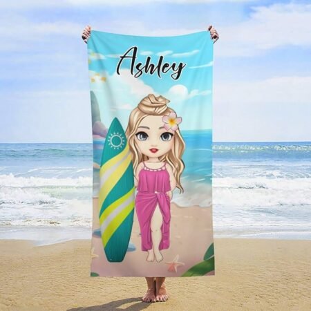 Personalized beach towel with custom photo and name printed in vibrant colors